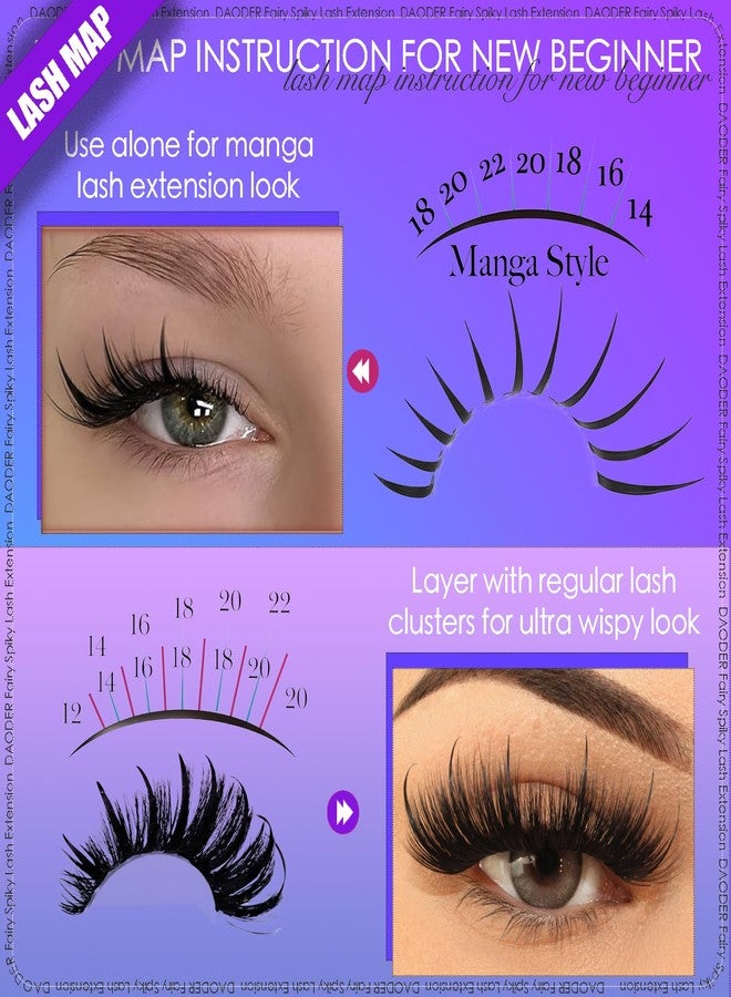 داودر رموش DAODER الجنية المدببة، رموش مانغا مدببة 14-22 مم، وصلات رموش أنمي هجينة بمظهر رطب، رموش فردية مجعدة على شكل حرف D، تركيب منزلي 280 قطعة - Image 2